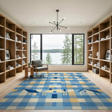 Blue Gingham Cartoon Houses Area Rug