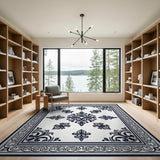 Elegant Black White Ornate Fleur-de-Lis Rug