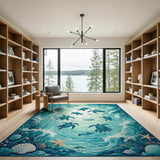 ODIKA Sea Turtle Ocean Life Washable Area Rug - Non-Slip Low Pile Coastal Decor