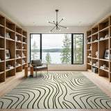 Wavy Green Abstract Area Rug on Cream Beige