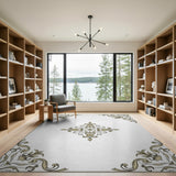 Gold and Silver Elegant Gold Ornate Floral Border Area Rug