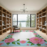 Pink Camellia Floral Border Area Rug
