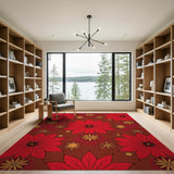 Festive Red Poinsettia Golden Star Area Rug