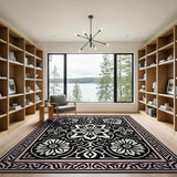 Black White Floral Persian Rug with Pink Border