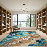 Teal Ocean Waves Crashing on Rocks Area Rug