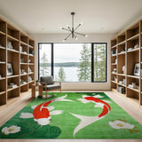 Emerald Green Koi Fish Area Rug with White Flowers