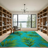 Lush Green Palm Fronds on Teal Area Rug