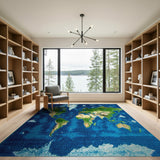 Blue and Teal Pixelated World Map Area Rug