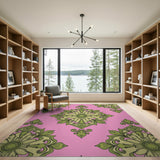 Vibrant Pink Lime Green Floral Damask Rug