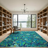 Teal Leaf and Daisy Floral Area Rug