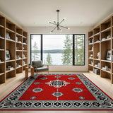 Red Persian Star Medallion Area Rug with Black Intricate Borders