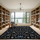 Dragonfly Floral Black White Area Rug