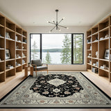 Elegant Black Ivory Persian Floral Area Rug