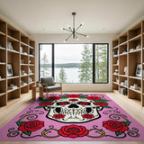 Pink Sugar Skull with Red Roses Area Rug