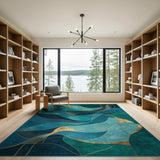 Blue and Teal Teal Gold Abstract Wave Area Rug