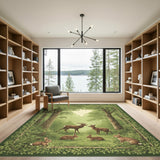 Woodland Deer and Rabbits Green Rug