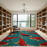 Vibrant Red Koi on Teal Area Rug