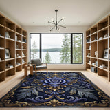 Ornate Navy Blue Rose Baroque Area Rug