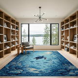 ODIKA Sea Turtle Ocean Blue Washable Area Rug - Low Pile Non-Slip Coastal Decor