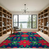 Red Poinsettia Floral Area Rug on Navy