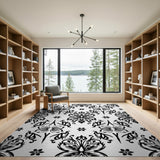 Elegant Black White Damask Floral Black and White Area Rug