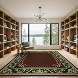 Ornate Teal Gold Border Brown Area Rug