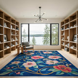 Navy Blue Pink Peony Floral Area Rug