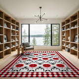 Red Tribal Sunburst Rug with Gingham Check Border