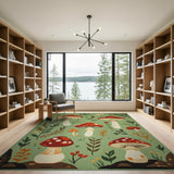 Green Floral Vintage Whimsical Mushroom Forest Area Rug