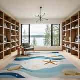 Coastal Waves Tufted Area Rug with Starfish Shells Fish
