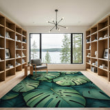 Green Lush Overlapping Monstera Leaves Green Area Rug