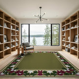 Festive Olive Green Poinsettia Border Rug