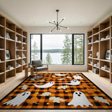 Halloween Ghosts Autumn Leaves Black Orange Plaid Rug