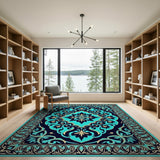 Ornate Teal Persian Area Rug with Gold Accents