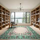 Teal Pink Floral Border Area Rug