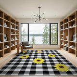 Yellow Sunflower Black White Buffalo Plaid Area Rug