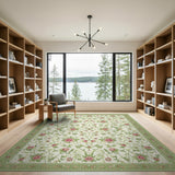 Pink Rose Floral Cream Area Rug with Green Vines