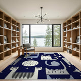 Whimsical Cats Stars Navy Kids Rug