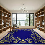Golden Sunflower Vine Border Navy Area Rug