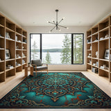 Traditional Persian Blue and Teal Teal Gold Mandala Persian Area Rug