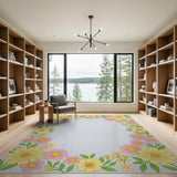 Vibrant Yellow Pink Floral Border Area Rug