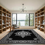 ODIKA Black and White Mandala Washable Rug - Low Pile Non-Slip Area Rug