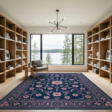 ODIKA Washable Navy Blue and Pink Vintage Floral Area Rug - Low Pile & Non-Slip