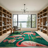 Pink Flamingo Teal Palm Leaf Area Rug