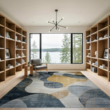 Blue and Teal Abstract Navy Blue Gold Wave Area Rug