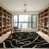 Black Abstract Area Rug with Gold Swirls