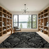 Ornate Black Rose Damask Area Rug