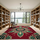 Red Mandala Area Rug with Intricate Green Leaves