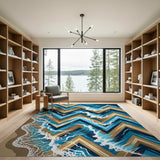 Blue Teal Zigzag Ocean Waves Area Rug