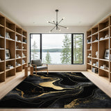 Black & Gold Abstract Marble Washable Area Rug - Low Pile & Non-Slip